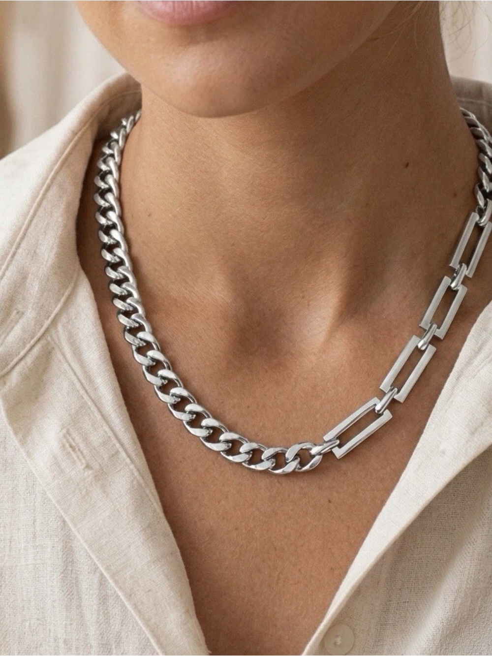 Silver Titanium & Stainless Steel Chunky Mixed Link Statement Necklace Jewelry